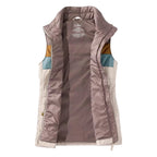 Close-up of the colorblock fabric, stand collar and quilted construction on the L.L.Bean Women’s Mountain Classic Puffer Vest in Taupe Brown and Gray Birch