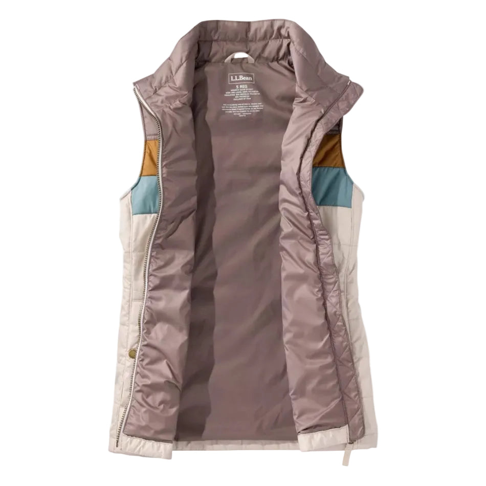 Close-up of the colorblock fabric, stand collar and quilted construction on the L.L.Bean Women’s Mountain Classic Puffer Vest in Taupe Brown and Gray Birch
