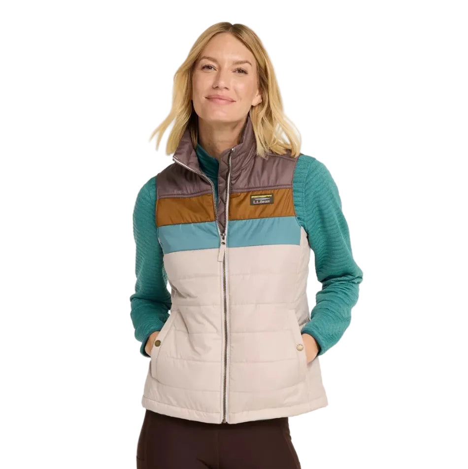 Front view of the L.L.Bean Women’s Mountain Classic Puffer Vest in Taupe Brown and Gray Birch