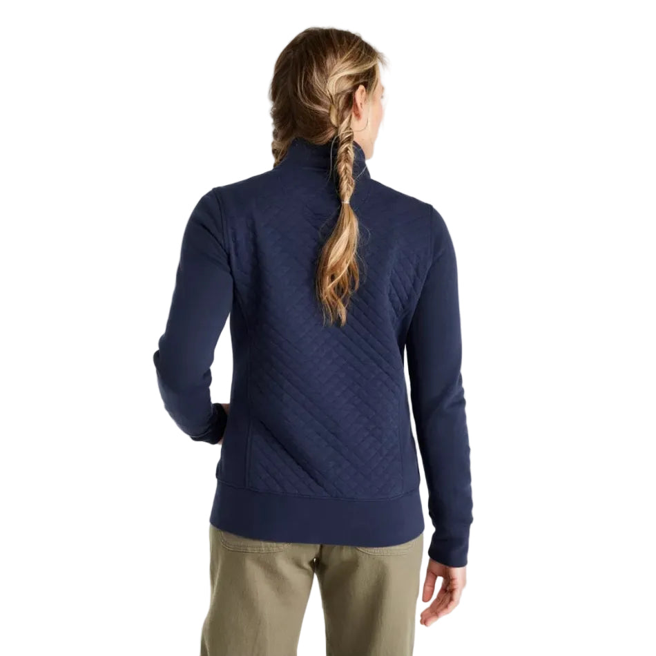 Woman wearing the L.L. Bean Women’s Quilted Full-Zip Sweatshirt in Classic Navy, back view