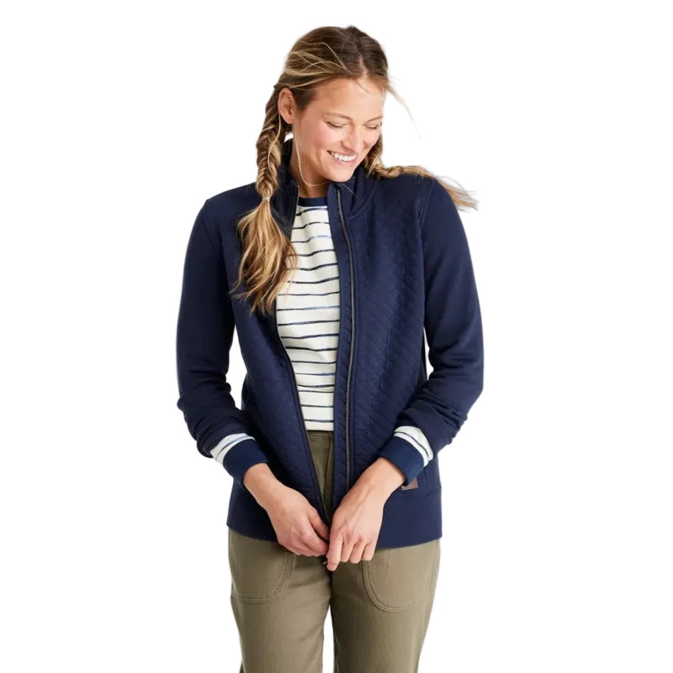 L.L. Bean Women’s Quilted Full-Zip Sweatshirt in Classic Navy, front view