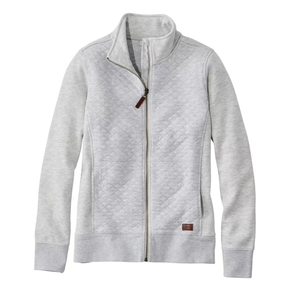 L.L. Bean Women’s Quilted Full-Zip Sweatshirt in Light Gray Heather, front view