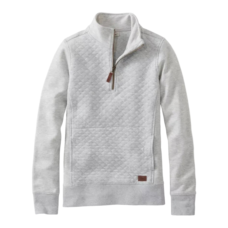 L.L. Bean Women’s Quilted Quarter-Zip Pullover in Light Gray Heather shown in a flat-lay view