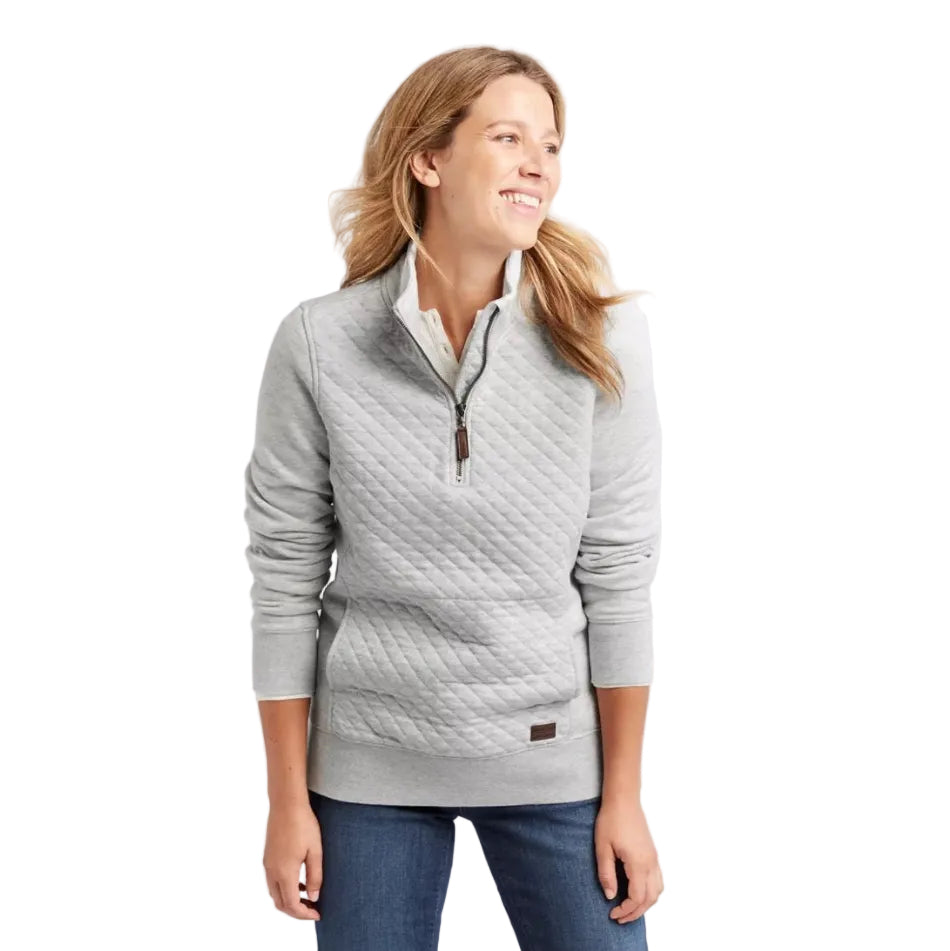 L.L. Bean Women’s Quilted Quarter-Zip Pullover in Light Gray Heather, front view