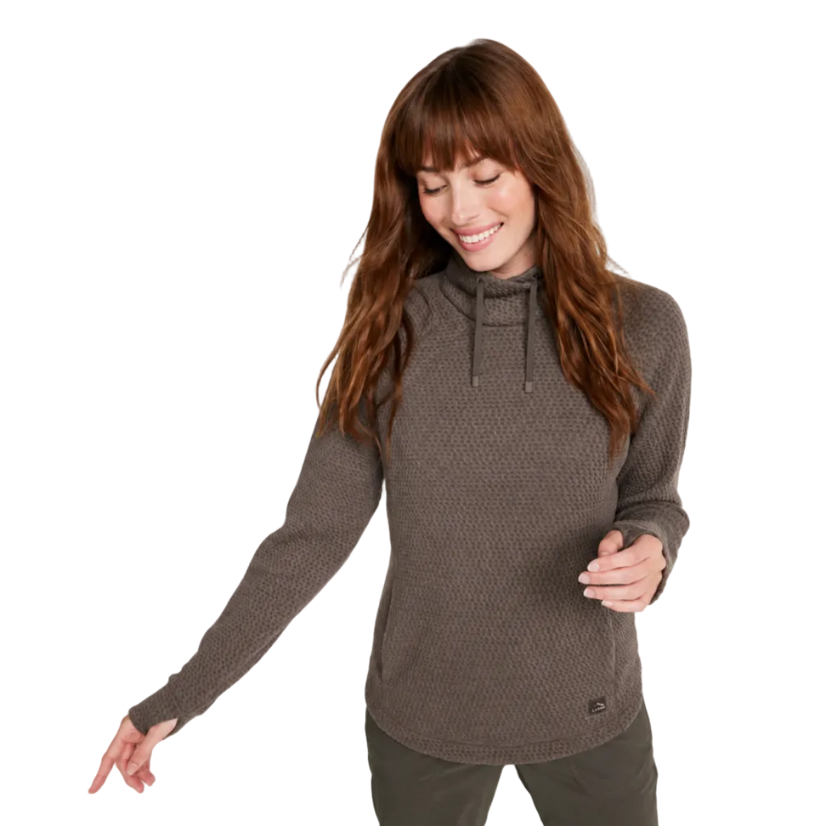 Front view of the L.L.Bean Women’s Ridgeknit Crossneck Pullover in Dark Cinder