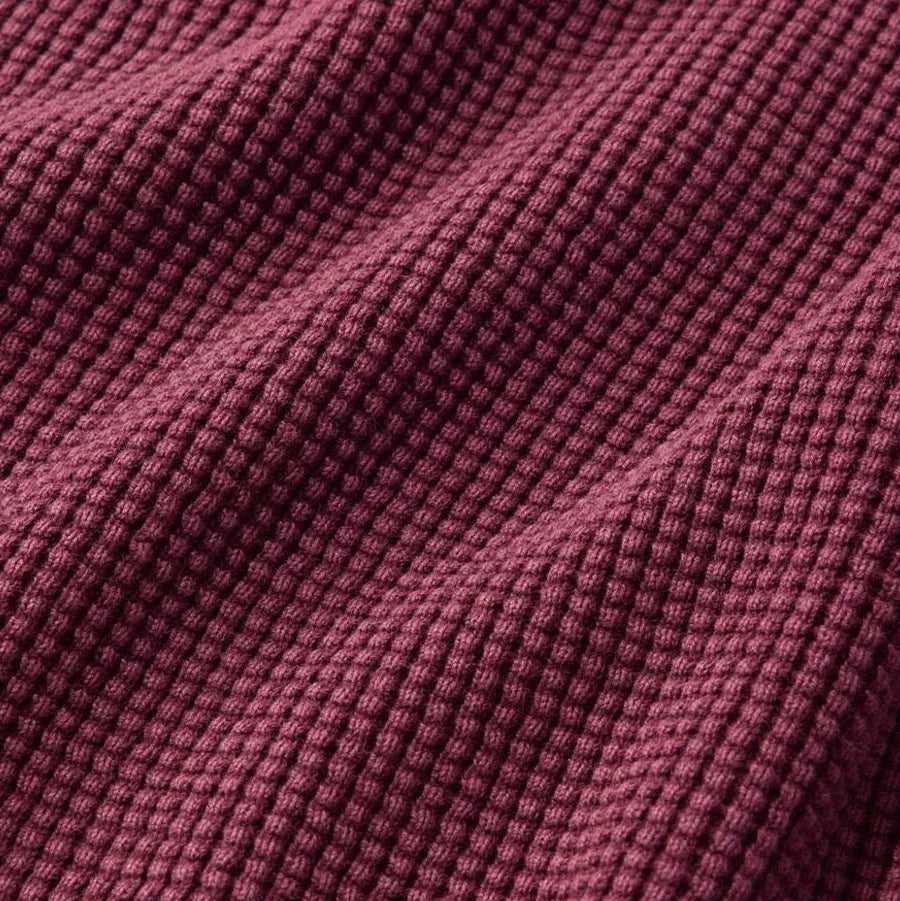 Close-up of the textured cotton waffle knit  on the L.L.Bean Women’s Sunwashed Waffle Pullover Sweater in Fig