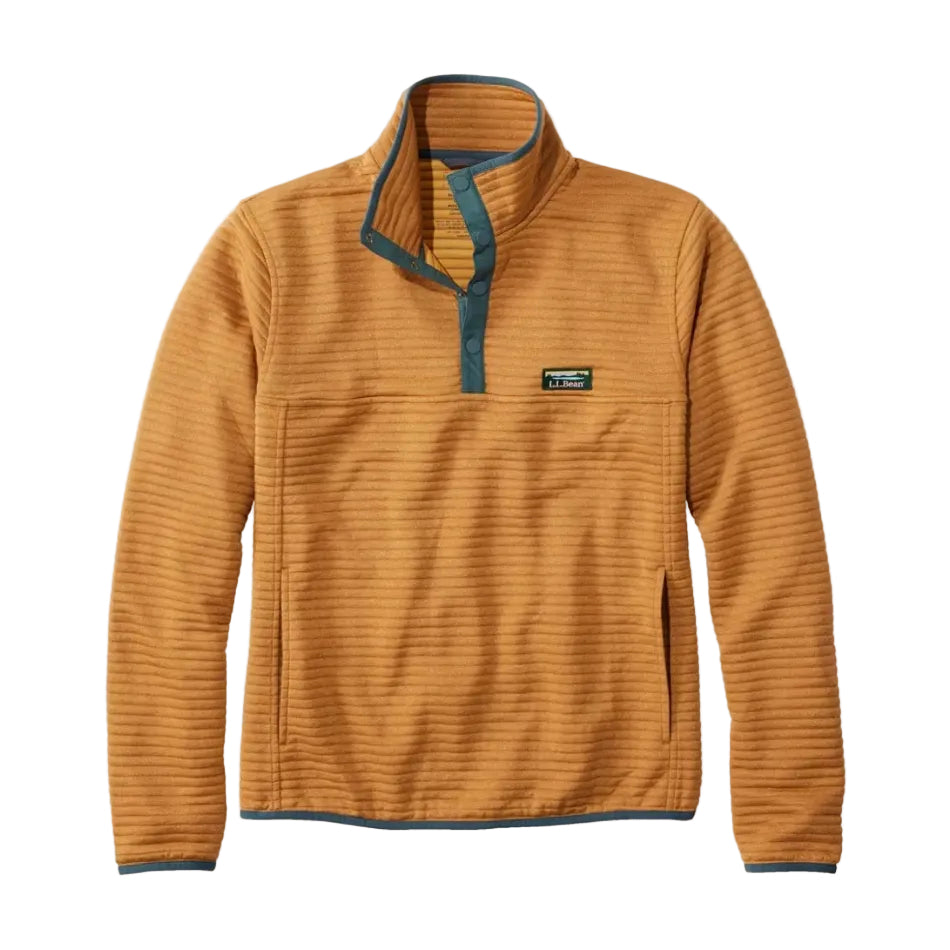 L.L.Bean Airlight Knit Pullover in Warm Gold quilted fabric and snap-front detail