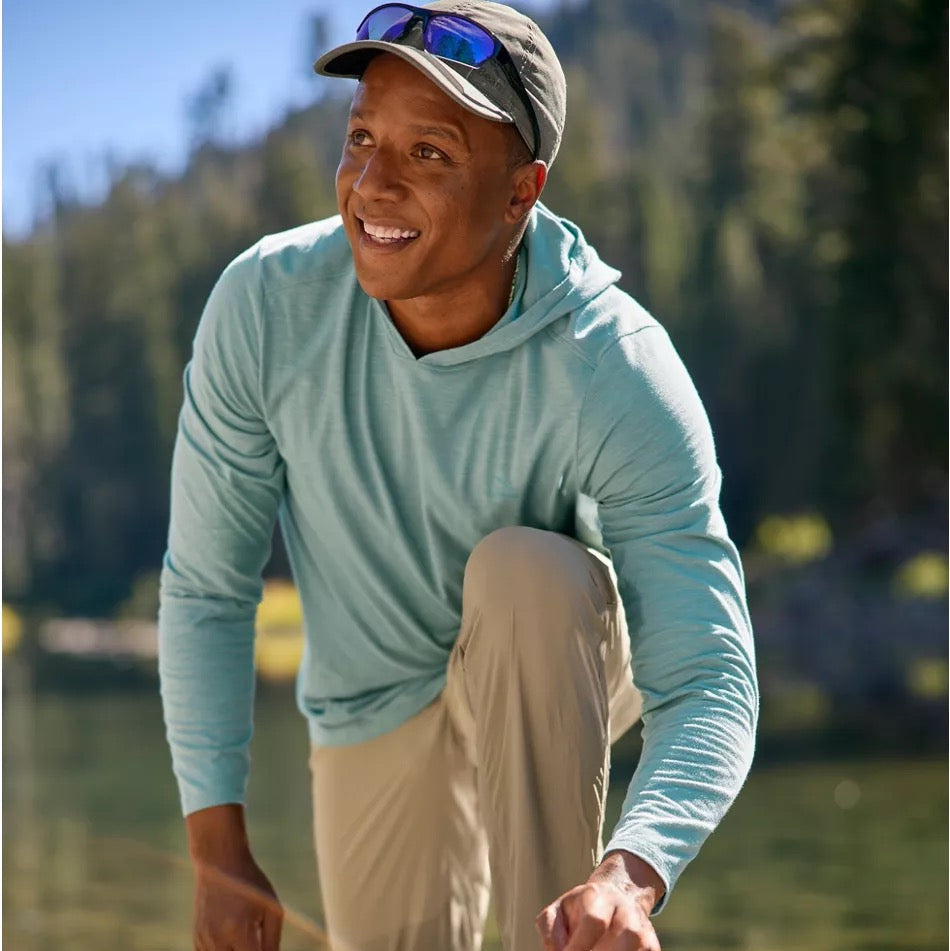 Men’s L.L.Bean Insect Shield Field Hoodie in Mineral Blue model