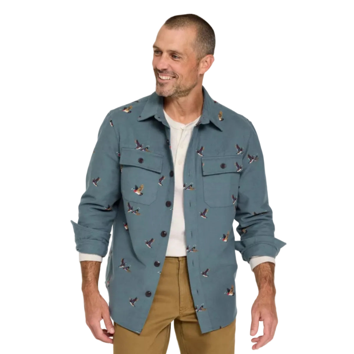 L.L.Bean Men's 1933 Chamois Cloth Shirt in Forest Gray Flying Ducks front view
