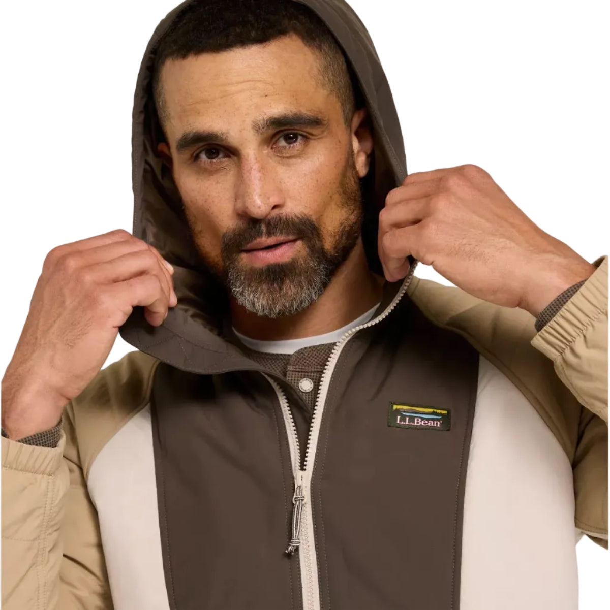 L.L.Bean Men's Mountain Classic Insulated Anorak in Dark Cinder/Silver Sand hood detail view