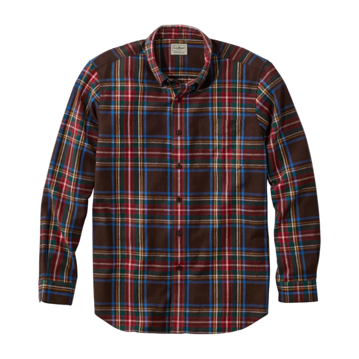 L.L.Bean Men's Scotch Plaid Flannel Shirt in Deepest Brown Stewart flat lay