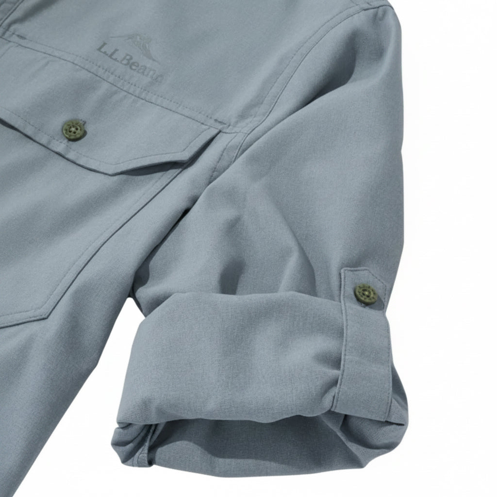 Detail view of lightweight insect-repellent fabric on L.L.Bean No Fly Zone shirt