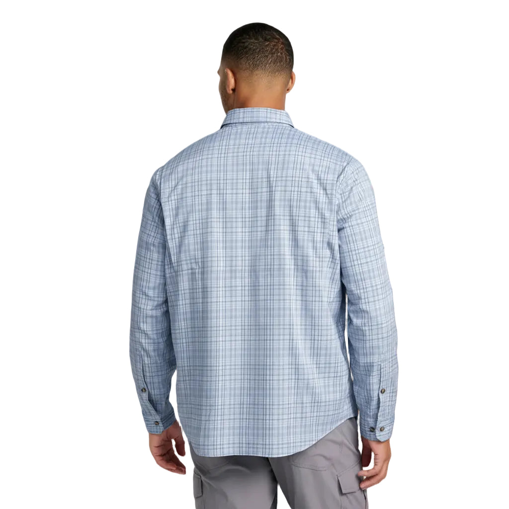 Back view of L.L.Bean Tropicwear plaid shirt in Surf Blue