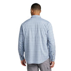 Back view of L.L.Bean Tropicwear plaid shirt in Surf Blue