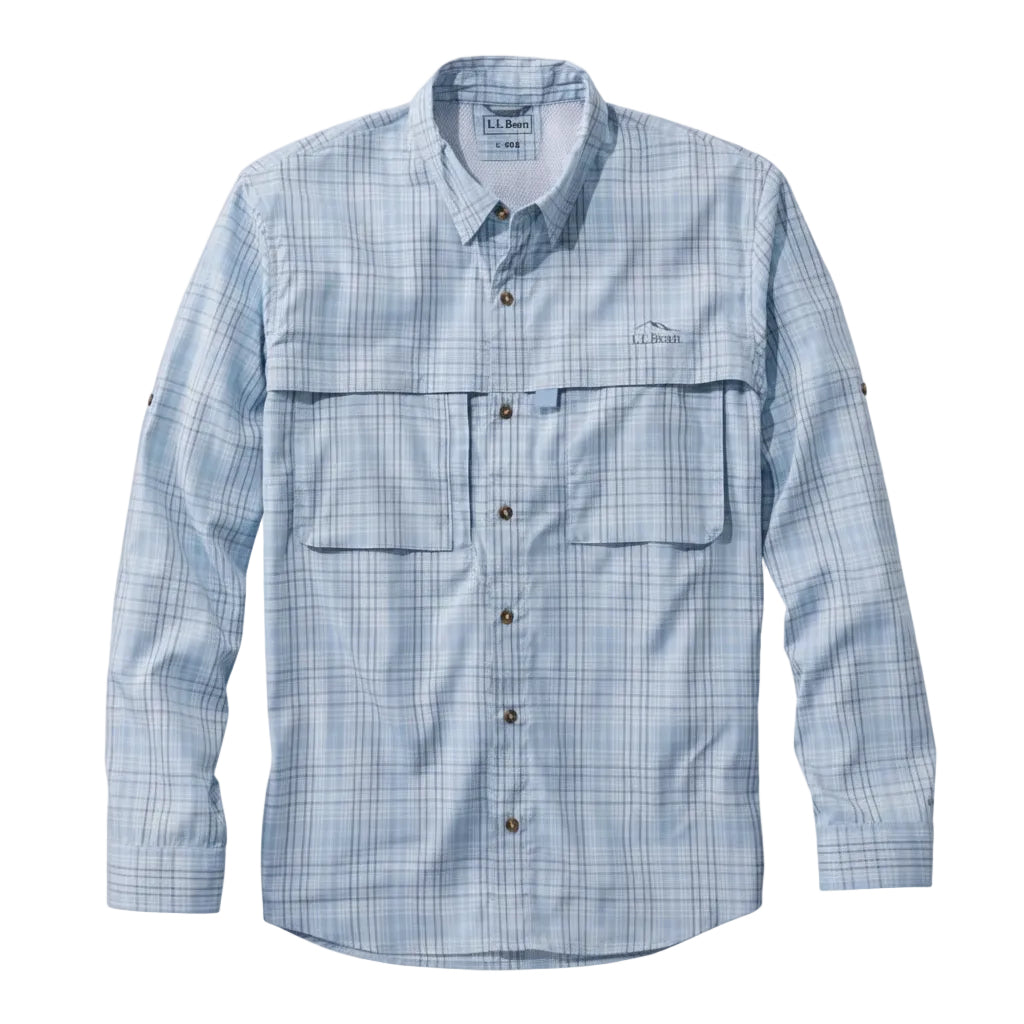 Flat lay of L.L.Bean Tropicwear woven plaid shirt in Surf Blue