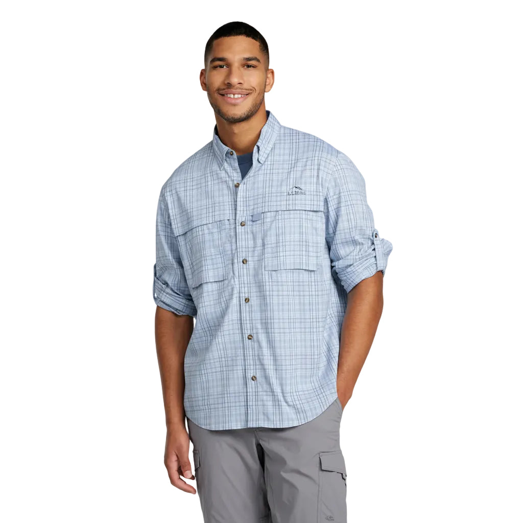 Men’s L.L.Bean Tropicwear Woven Plaid long-sleeve shirt in Surf Blue with lightweight sun-protection performance fabric