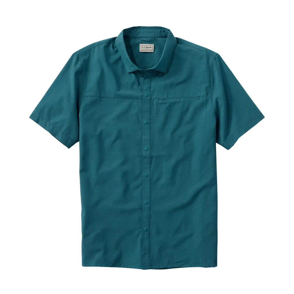 Flat lay of L.L.Bean Ultralight Venture short-sleeve shirt in Shade Teal