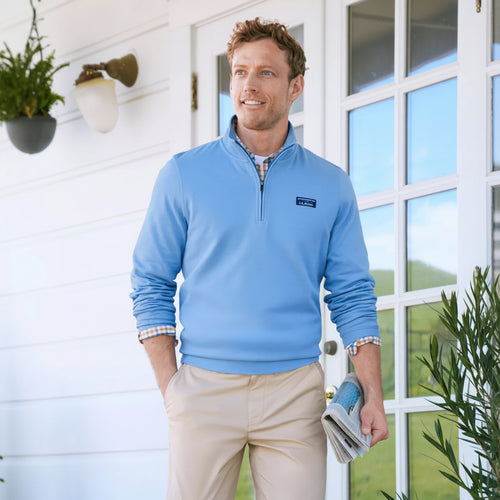 Man wearing LL Bean Comfort Stretch Performance Pique 1/4 Zip in Blue Tide