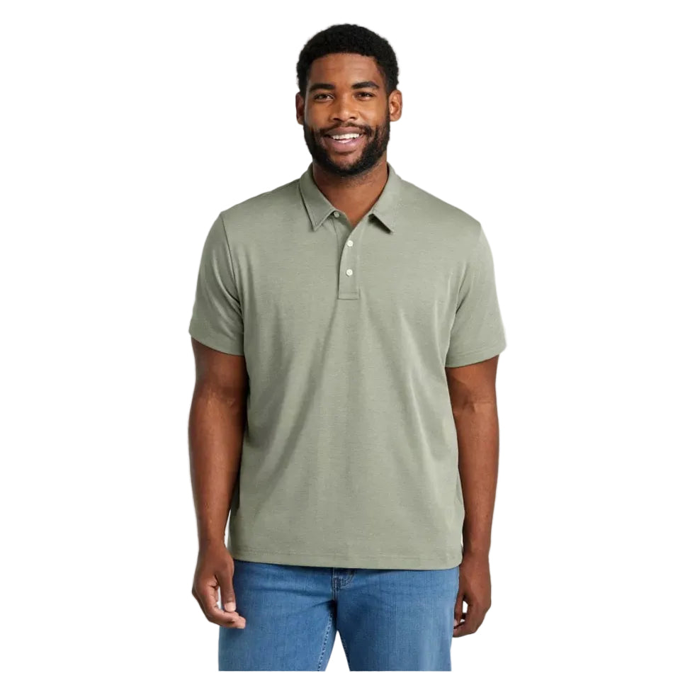 Man wearing LL Bean Comfort Stretch Performance Polo in Deep Olive 