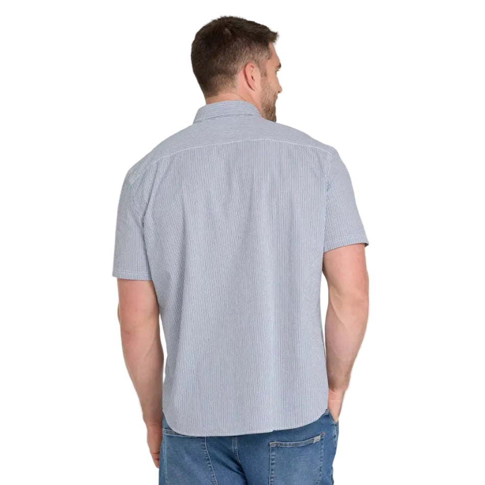 Men's LL Bean Comfort Stretch Performance Seersucker Shirt in deep blue stripe back view