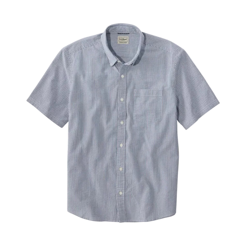 Men's LL Bean Comfort Stretch Performance Seersucker Shirt in deep blue stripe front view