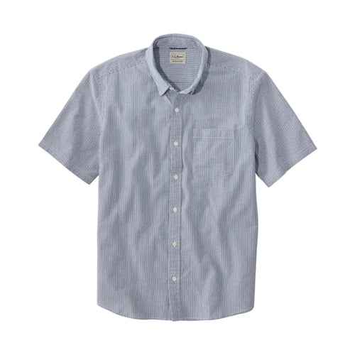 Men's LL Bean Comfort Stretch Performance Seersucker Shirt in deep blue stripe front view