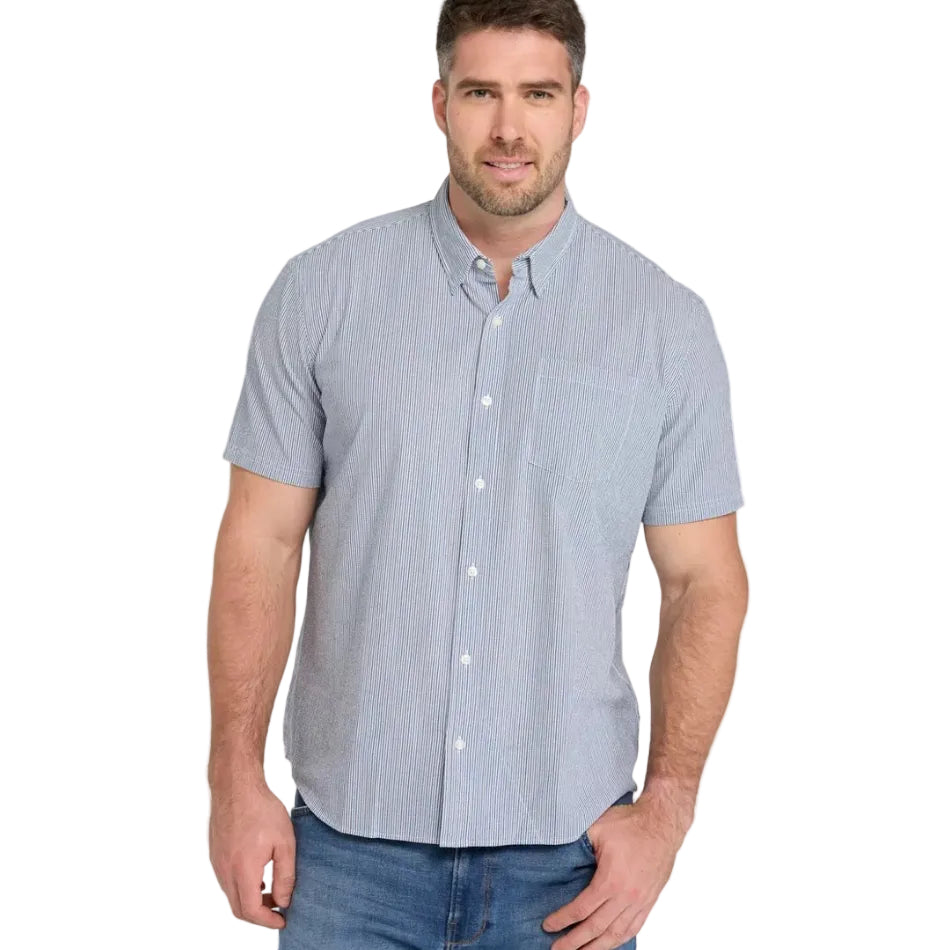Men's LL Bean Comfort Stretch Performance Seersucker Shirt in deep blue stripe front view with model