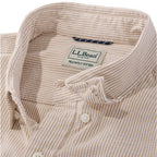 Close-up of khaki stripe seersucker fabric on LL Bean performance shirt collar