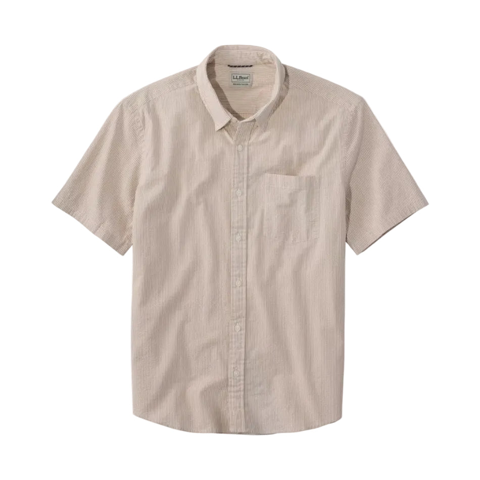 Men's LL Bean Comfort Stretch Performance Seersucker Shirt in khaki stripe front view flay lay