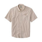 Men's LL Bean Comfort Stretch Performance Seersucker Shirt in khaki stripe front view flay lay
