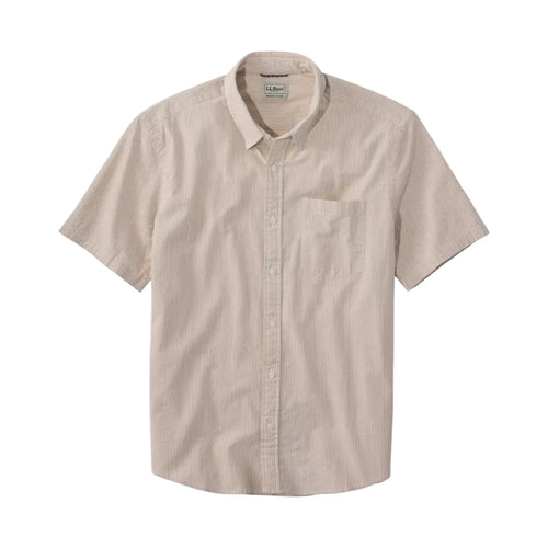 Men's LL Bean Comfort Stretch Performance Seersucker Shirt in khaki stripe front view flay lay
