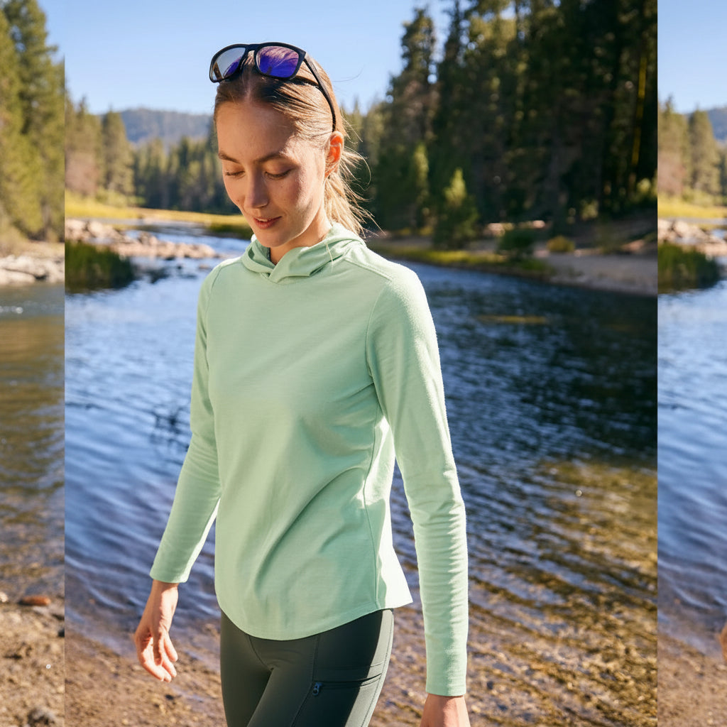 L.L.Bean Women's Insect Shield Field Hoodie in Lichen outdoor lifestyle view