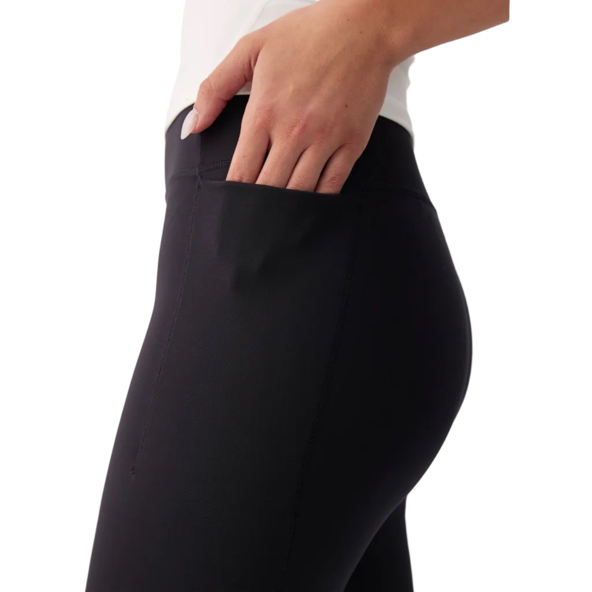 Lolë Boost Ankle Leggings in black showing side pocket and performance fabric detail