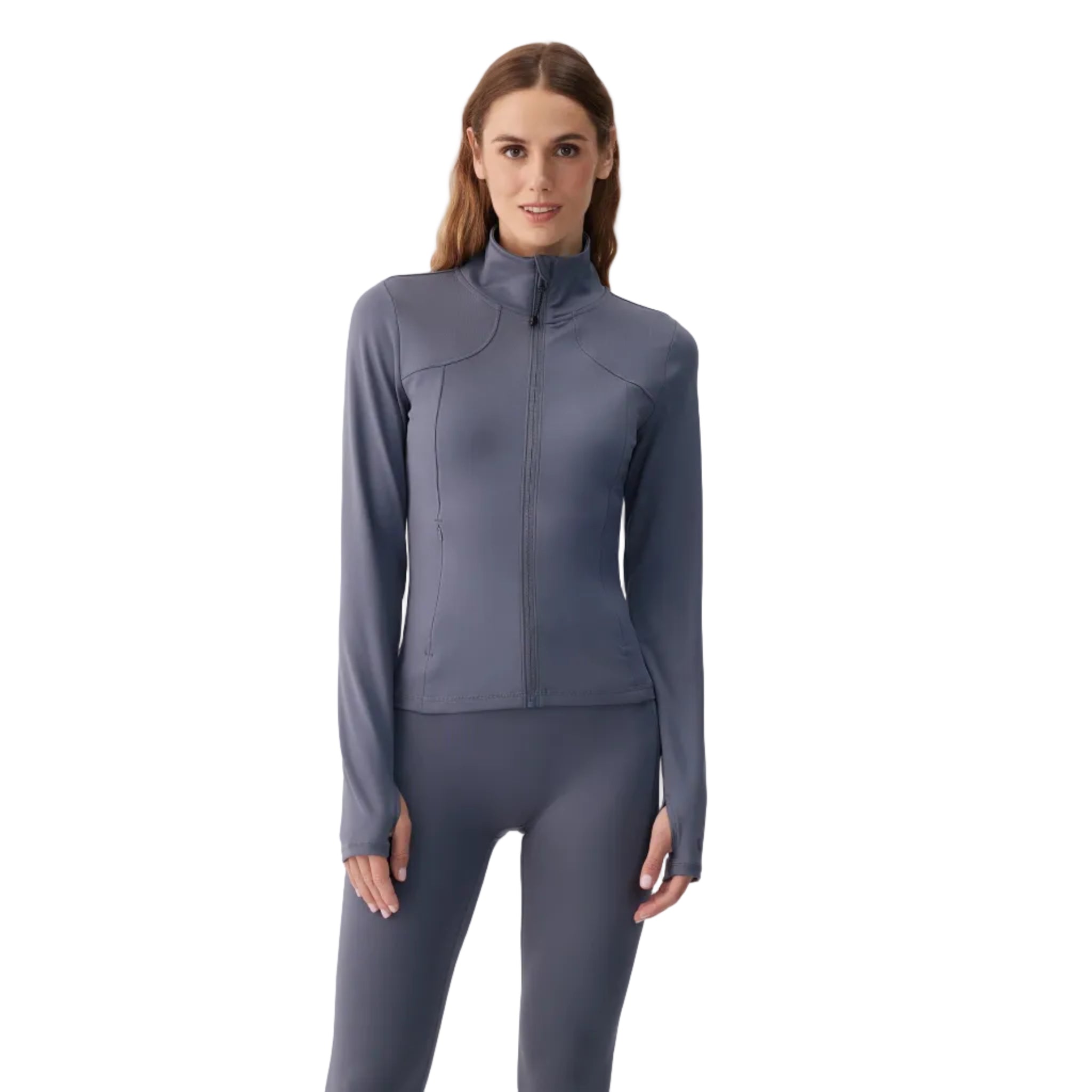 Lolë Boost Jacket in stone blue front view
