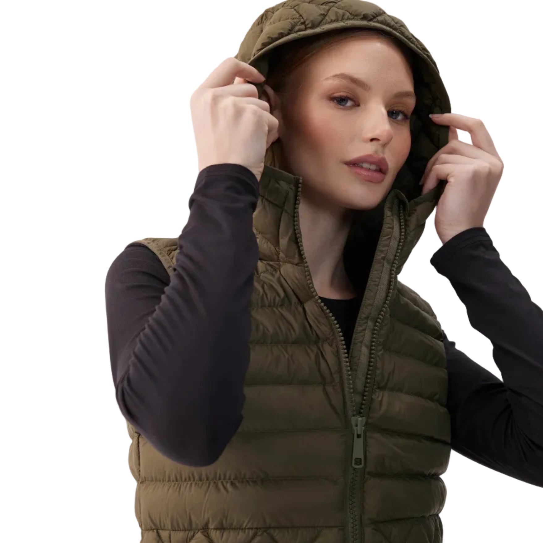 Detail view of Lolë Women’s The Base Insulated Vest in Moss