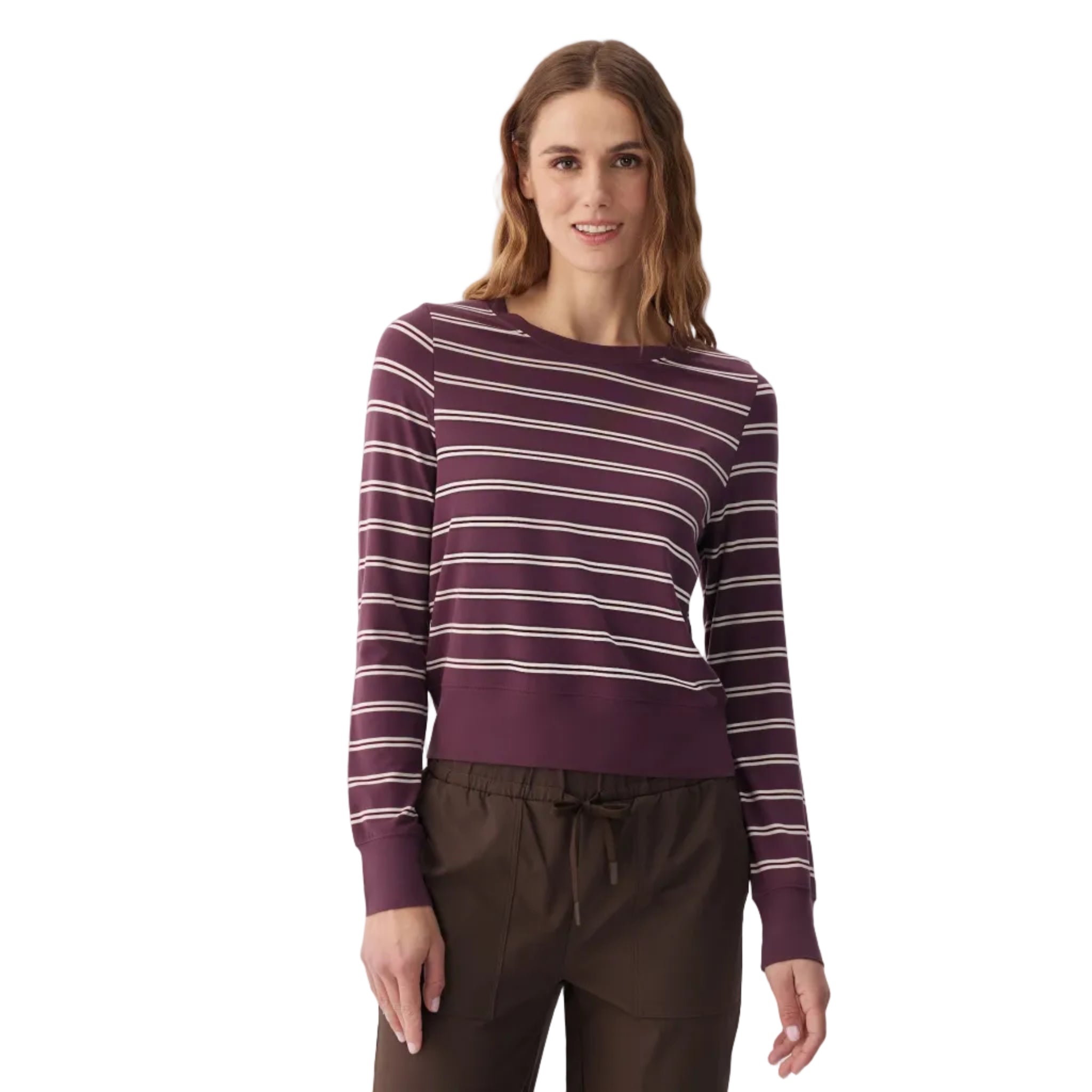 Lolë Women’s Dynamic Long Sleeve in Mulberry Dynamic Stripe front view