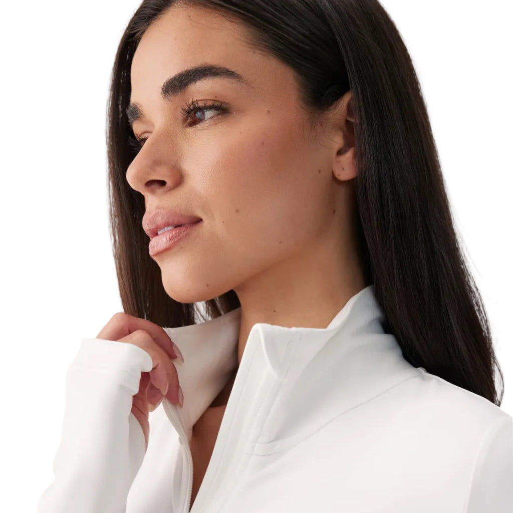 Lolë Women's Serene Cropped Jacket in Birch showing high collar detail