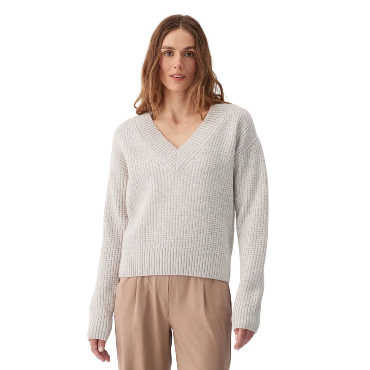 Lolë Women's Verdun V-Neck Sweater in Birch Heather front view