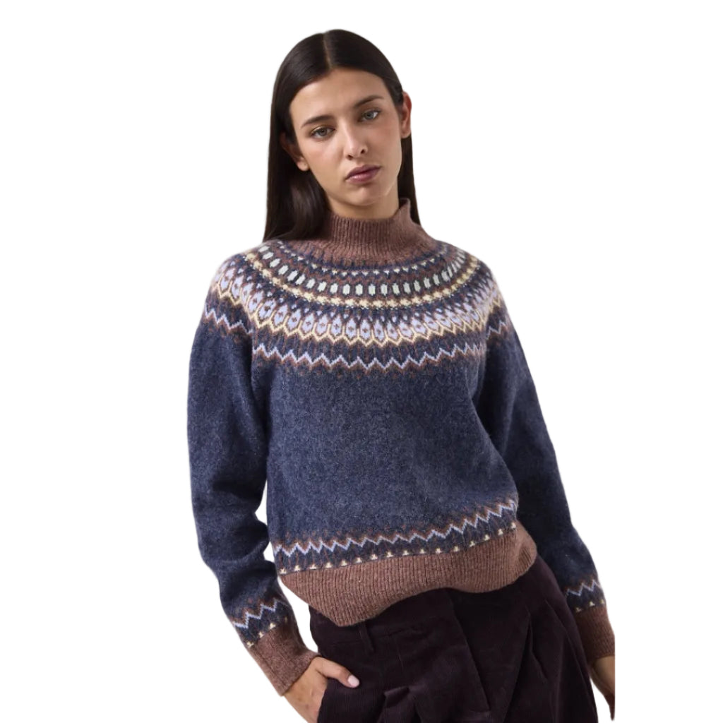 Front view of Md'M Fair Isle Pattern Sweater in navy with geometric yoke and high ribbed neckline