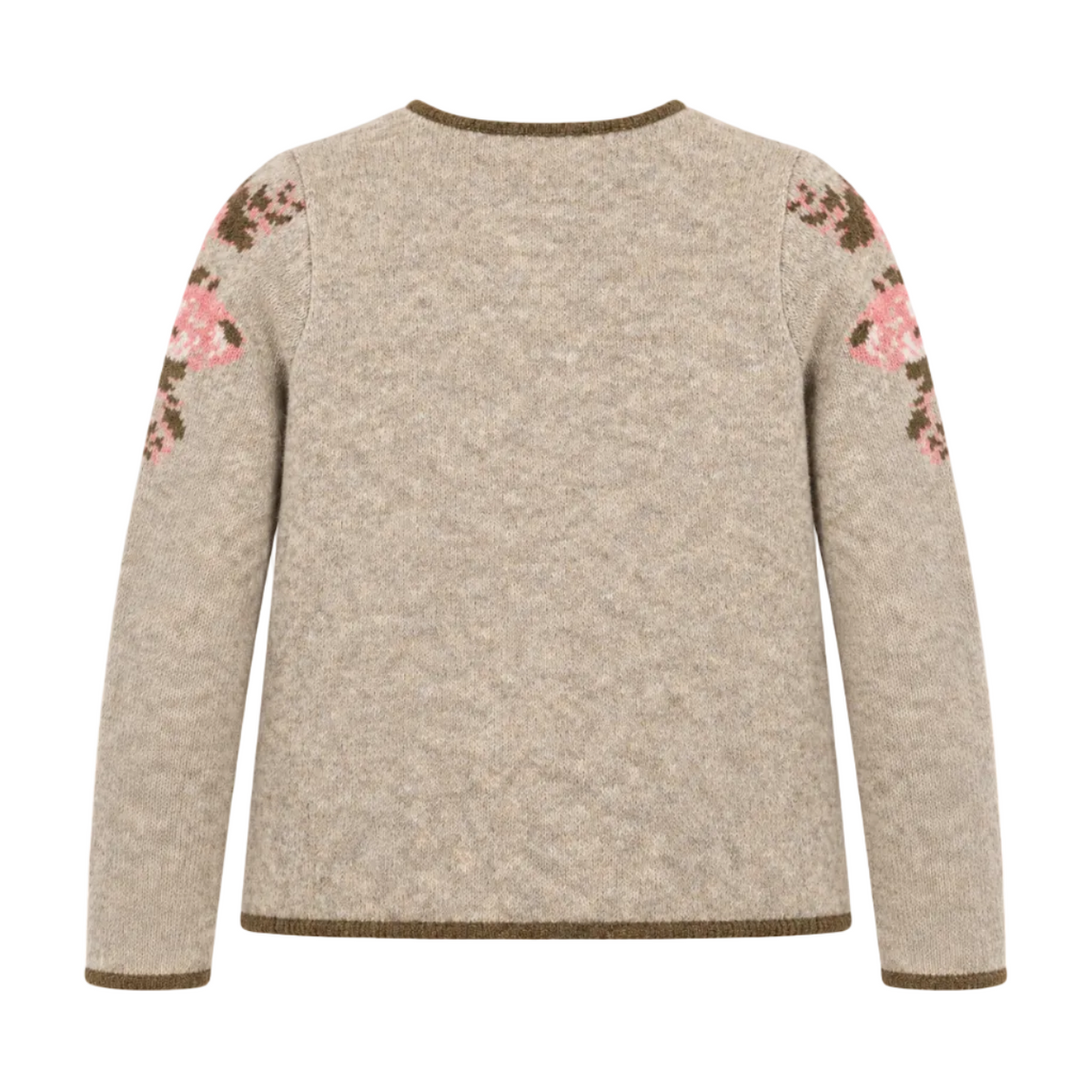 Back view of Md'M oatmeal knitted cardigan with solid heathered back, olive trim and floral sleeve accents