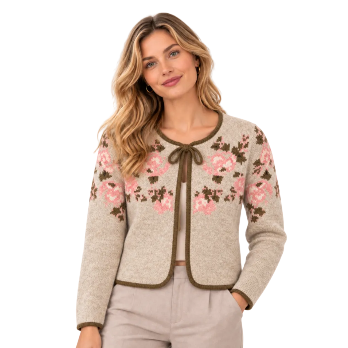 Front view of Md'M Rose Tie Front Knitted Cardigan in oatmeal with pink roses across upper front and olive trim