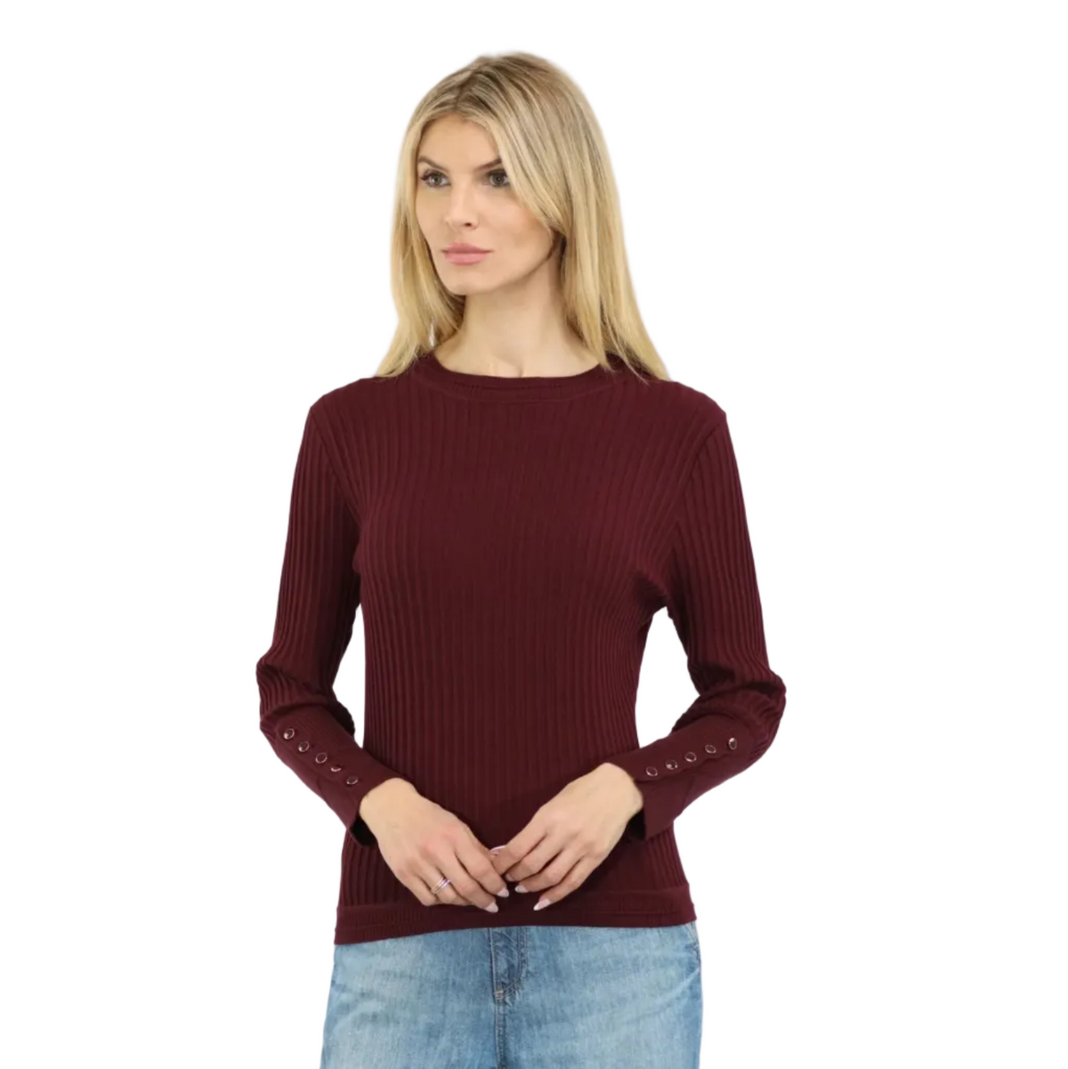 Metric Knits Crew Neck Long Sleeve Pullover in Mauve Wine, front view