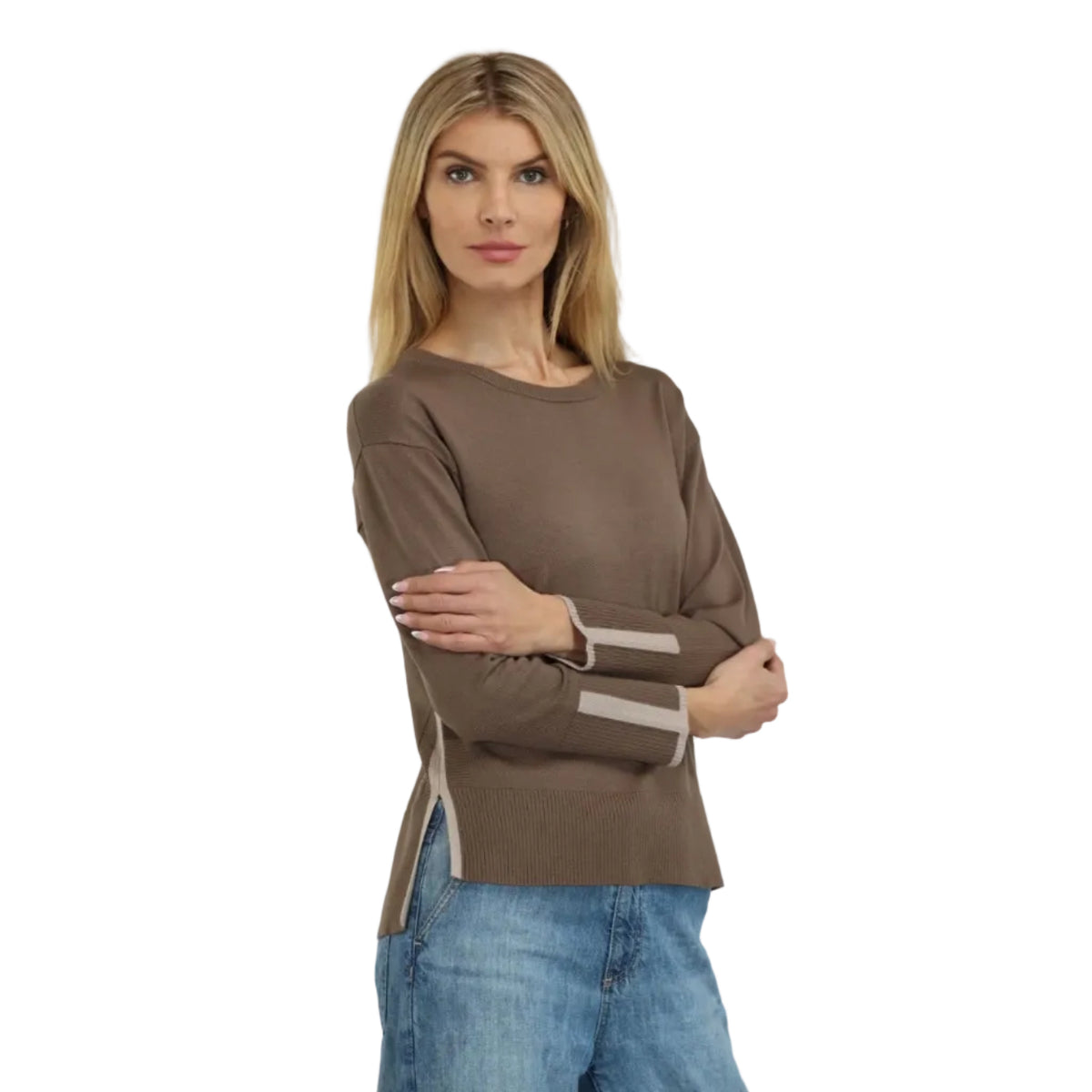 Metric Knits Crewneck Long Sleeve High-Low Pullover in Sea Island and Sandstone, front view