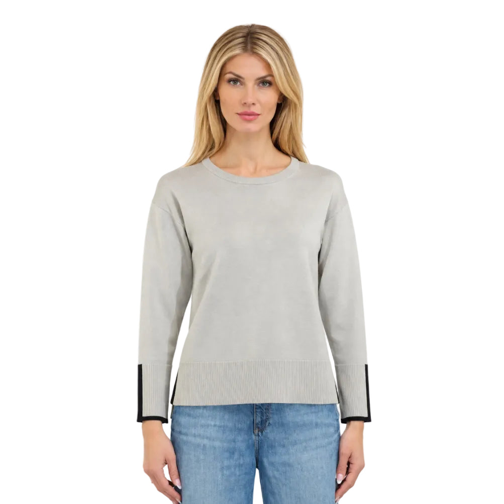 Metric Knits Crewneck Long Sleeve High-Low Pullover in Sea Salt and black, front view