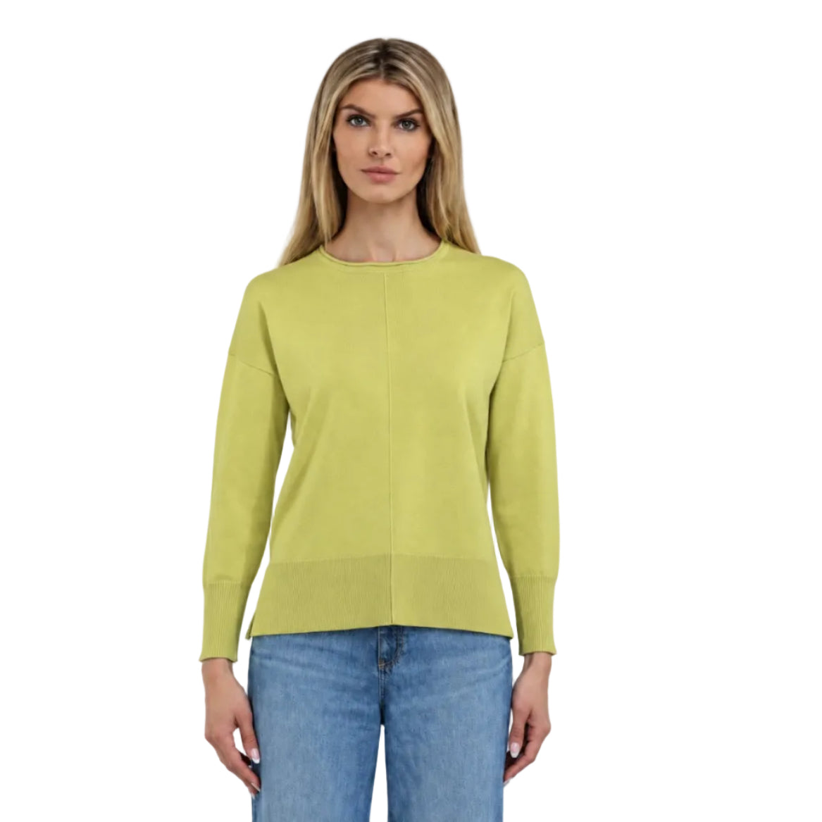 Metric Knits Oversized Pullover with Rolled-Edge Neck in Yellow Plum front view