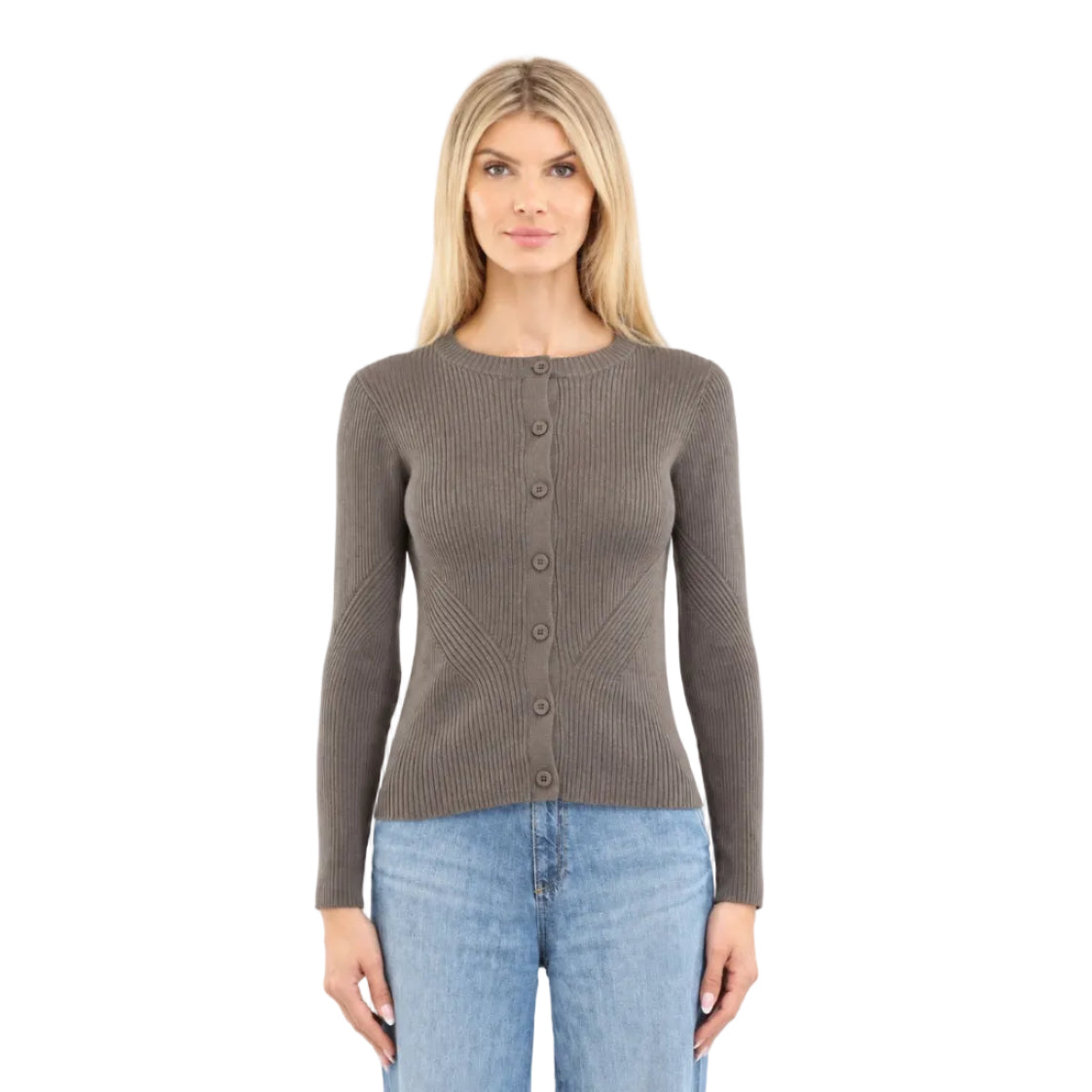 Metric Knits Ribbed Crew Long Sleeve Cardigan in Sea Island front view with contoured ribbed knit