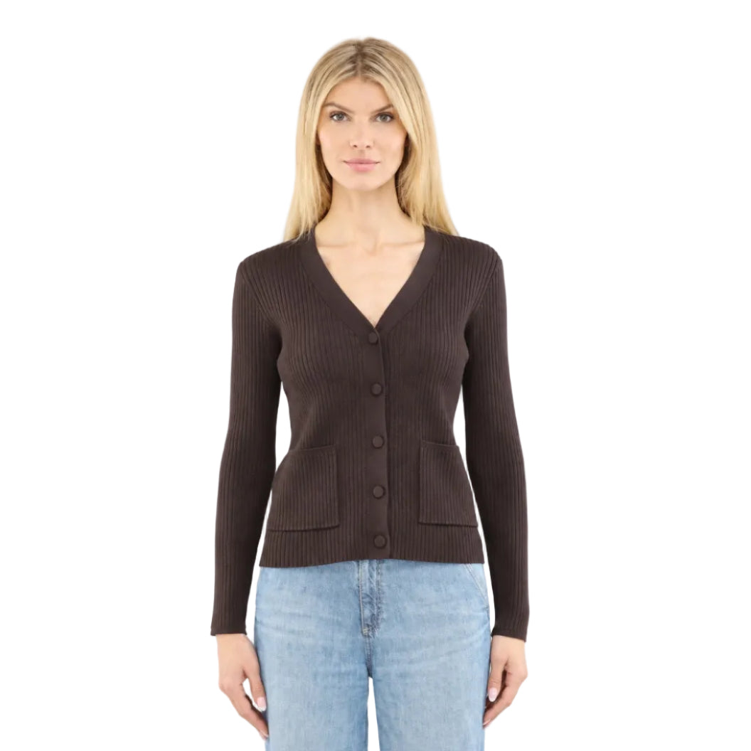 Metric Knits Ribbed Long Sleeve Cardigan in Bitter Chocolate front view