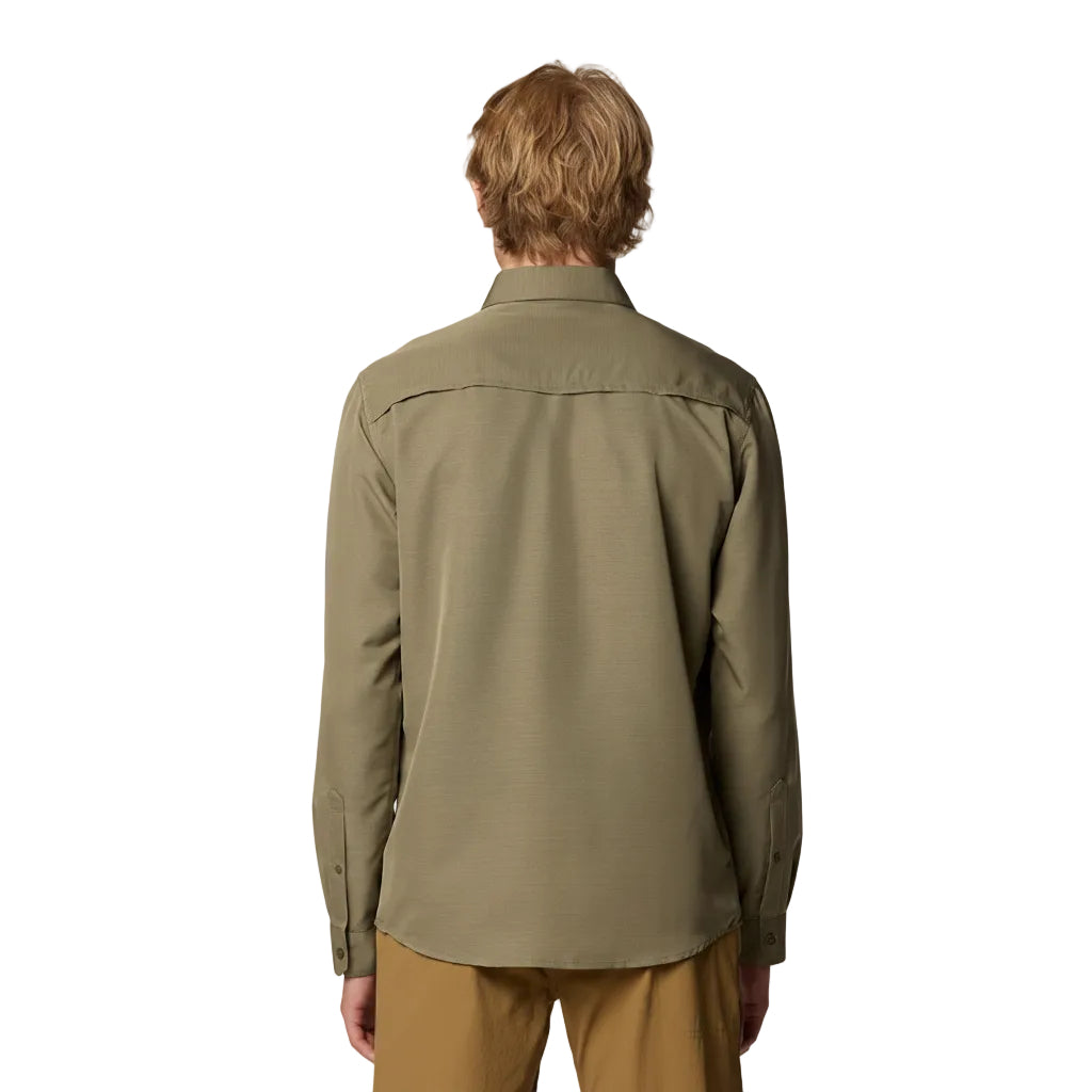 Back view of Mountain Hardwear Canyon Long Sleeve Shirt in Stone Green breathable vented fabric