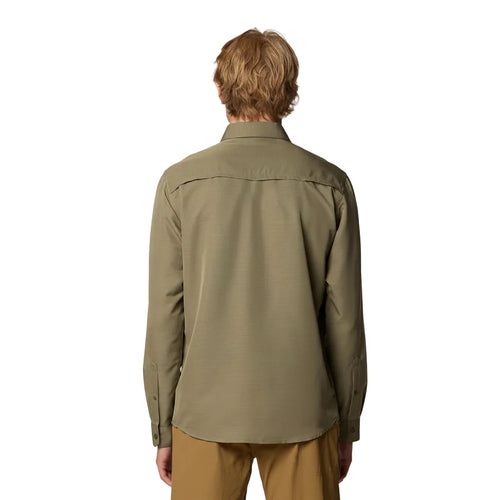 Back view of Mountain Hardwear Canyon Long Sleeve Shirt in Stone Green breathable vented fabric