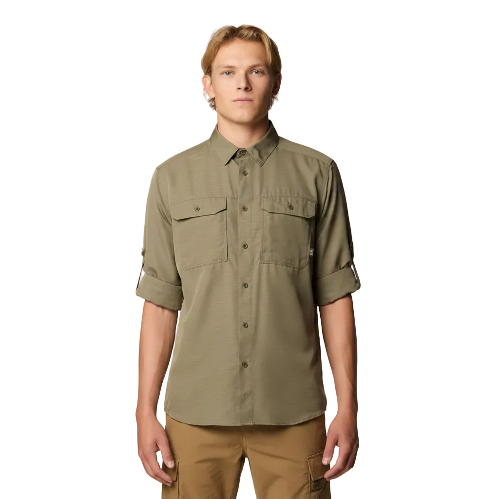 Mountain Hardwear Canyon Long Sleeve Shirt in Stone Green polyester dobby fabric front view